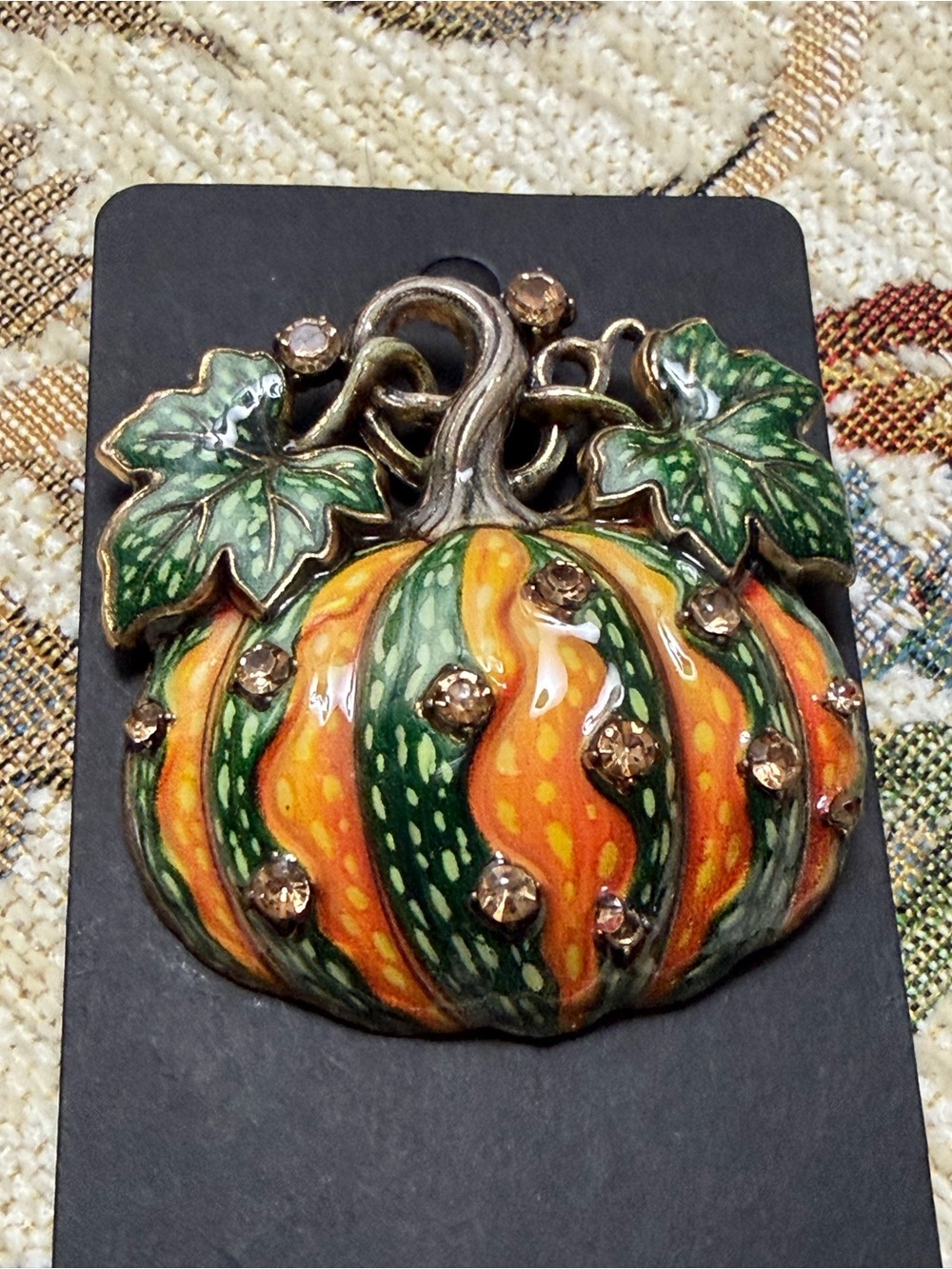 Halloween Enamel Pumpkin Brooch with Green Leaves